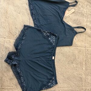 Victoria's Secret Dark Blue Lace Trim Pajama Set